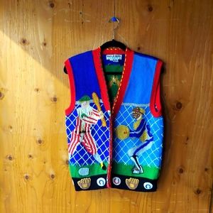Jack Be Quick Vintage Multicolor Cotton Linen Blend Baseball Themed Knit Vest